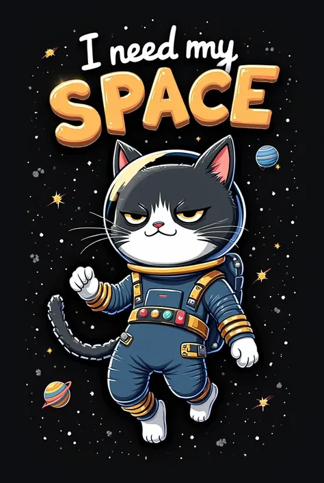 A grumpy yet adorable black and white cat floating in space, wearing a futuristic astronaut suit in dark blue and gold accents. The cat has a slightly annoyed expression, with narrowed eyes and a small frown, giving off a humorous, independent attitude. Th...