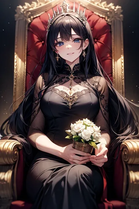 {masterpiece},{Best Quality},{1 woman}, beautiful,  is amazing, beautiful詳細な目、 detailed ,depth of field,highly detailed CG, original ,  very detailed wallpaper、 black hair、long hair、black dress、luxury、Alluring、Queen、Throne、 Dark landscape、Smile、 is looking...