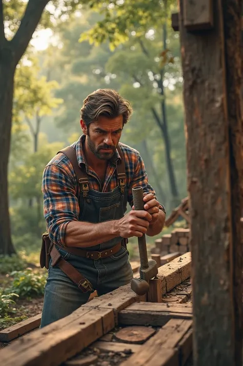 Carpenter hammering nails woods