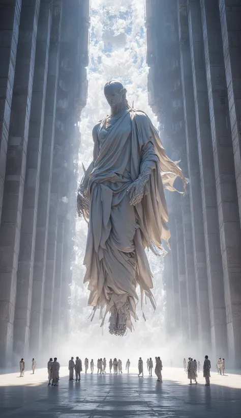 A colossal statue, draped in flowing fabric, emerges from a crystalline background within a vast, temple-like hall. Tall columns line the sides, and a smooth floor reflects the soft, diffuse light.  Small human figures gather around the statue's base, thei...