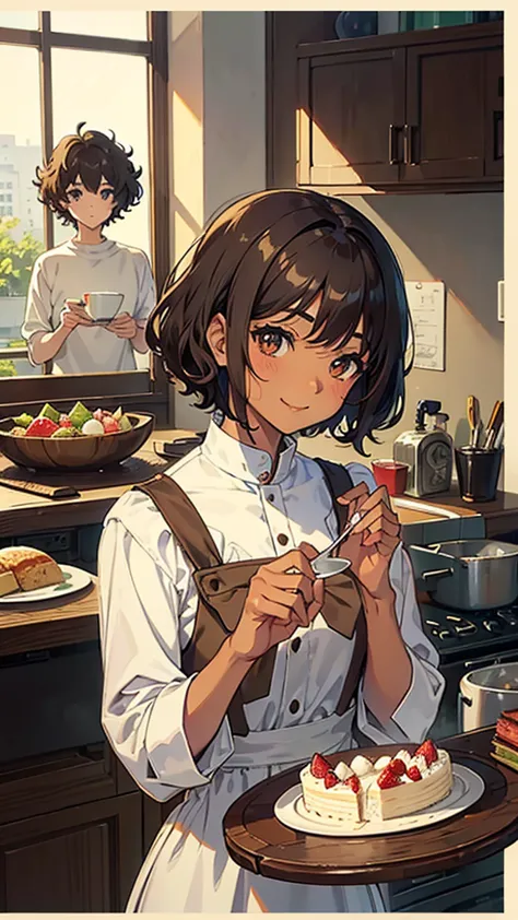 anime,  everyday wear、A beautiful boy with curly hair who looks like a beautiful girl with short bob hair and his sister、Cake Craftsman、dark brown skin、 beige hair 、smile、Big cat eyes、ivory high neck shirt、brown little hunting、Don&#39;t show your breasts、d...