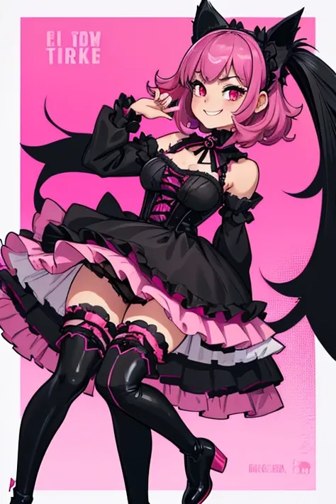 female, short pink and black hair, red eyes, black ears, pink cat tail, (((1girl))), (((pink and black gothic lolita dress))), (black stockings), (pink knee high boots), (black fingerless gloves), cute and sexy, full body, big breasts, long legs, smiling