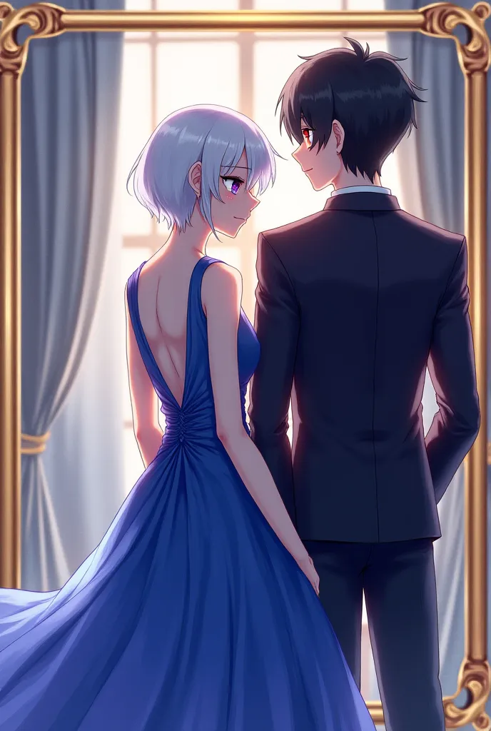 Create a 2d image, a boy with white hair, purple eyes, standing facing back, is facing a beautiful blue dress, and there is a black-haired man with red eyes standing behind the background in black purple, the couple stand in a square golden frame.