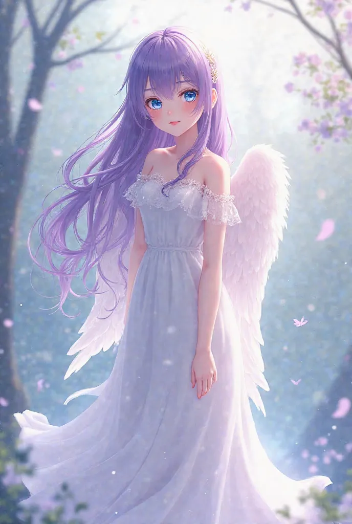 cute female angel，2D Anime Character Edition，Purple long hair，bright blue eyes，wears a long white dress，Adult Full Body Figure，The mouth is very small，Super fair skin，The expression is super shy