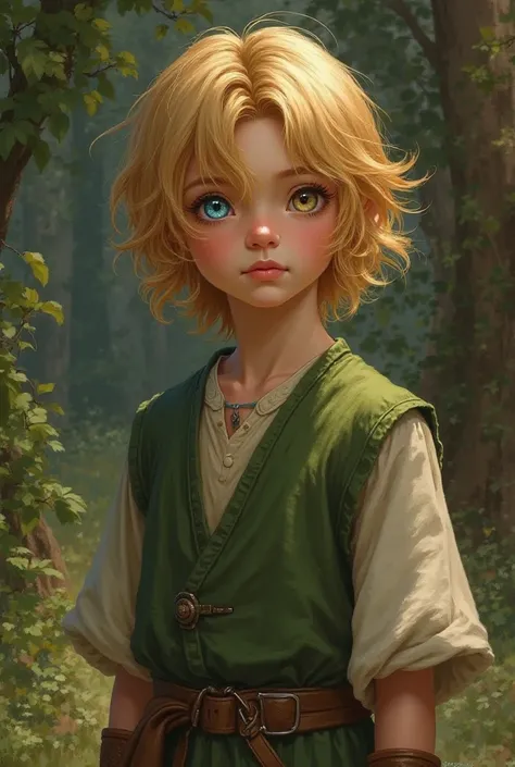   boy, Medieval green clothes, slightly long yellow hair, one blue eye another green eye