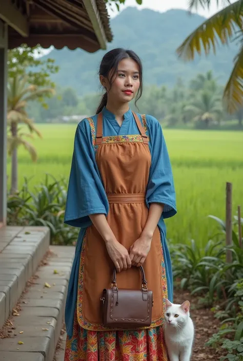 a woman standing on some steps in front of a house, joe taslim, idian dress, 2019 trending photo, wearing a hospital gown, malaysia with a paddy field, blue tunic, handbag, white ( cat ) girl, full body camera shot, leather apron, muslim