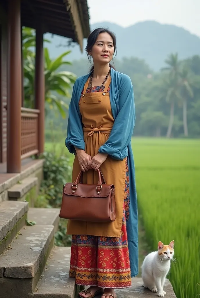 a woman standing on some steps in front of a house, joe taslim, idian dress, 2019 trending photo, wearing a hospital gown, malaysia with a paddy field, blue tunic, handbag, white ( cat ) girl, full body camera shot, leather apron, muslim