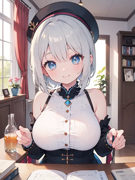 Best Quality, shape, very detailed, finely, Hi-Res, 8k Wallpaper, Gray Hair,Blue Eyes,1 girl,smile, Low, very big breasts,morning, normal room 