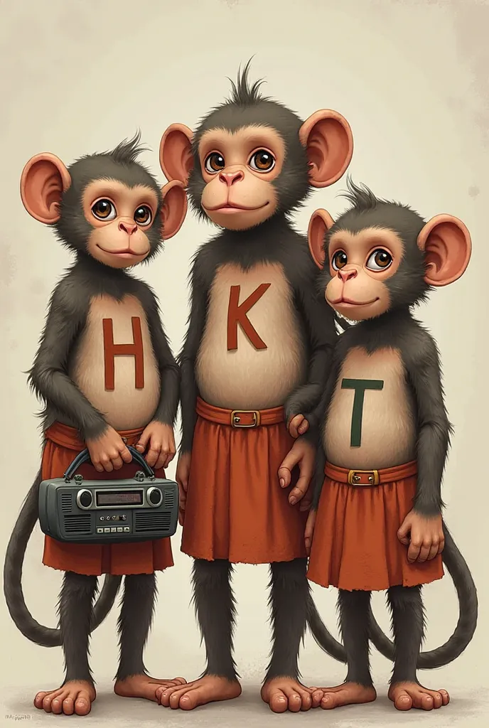 Create 3 monkeys in skirts, 1 with the letter H in the middle of the abdomen, 1 with the letter K in the middle of the abdomen, and 1 with the letter T in the middle of the abdomen, all 3 have tails and hold a radio speaker in their hands. The  with the le...