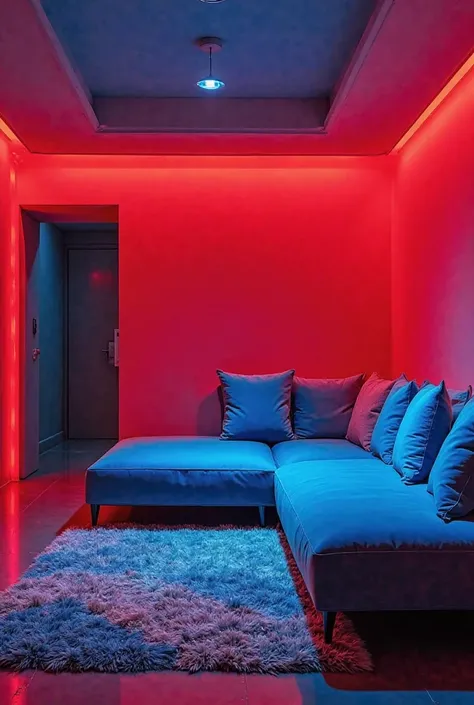 A modern and vibrant room with deep red walls and furniture in bright cyan tones. The design mixes a futuristic style with blue LED lighting, Creating a dynamic and energetic environment. Rugs and cushions combine with the main colors to reinforce the cont...