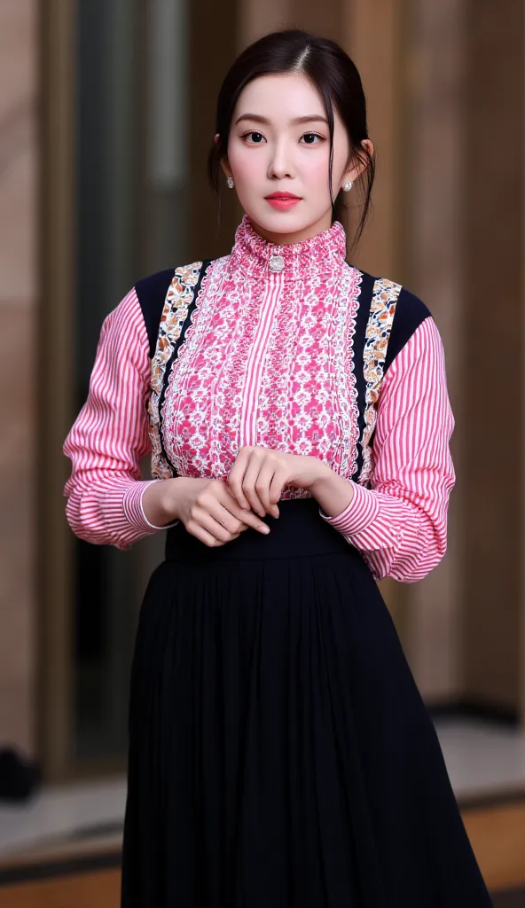  a beautiful woman , standing facing forward, use a long formal shirt under pink white stripes motif,  use a long skirt to the toe pleated model of black color, big breasts,  Hair tied 