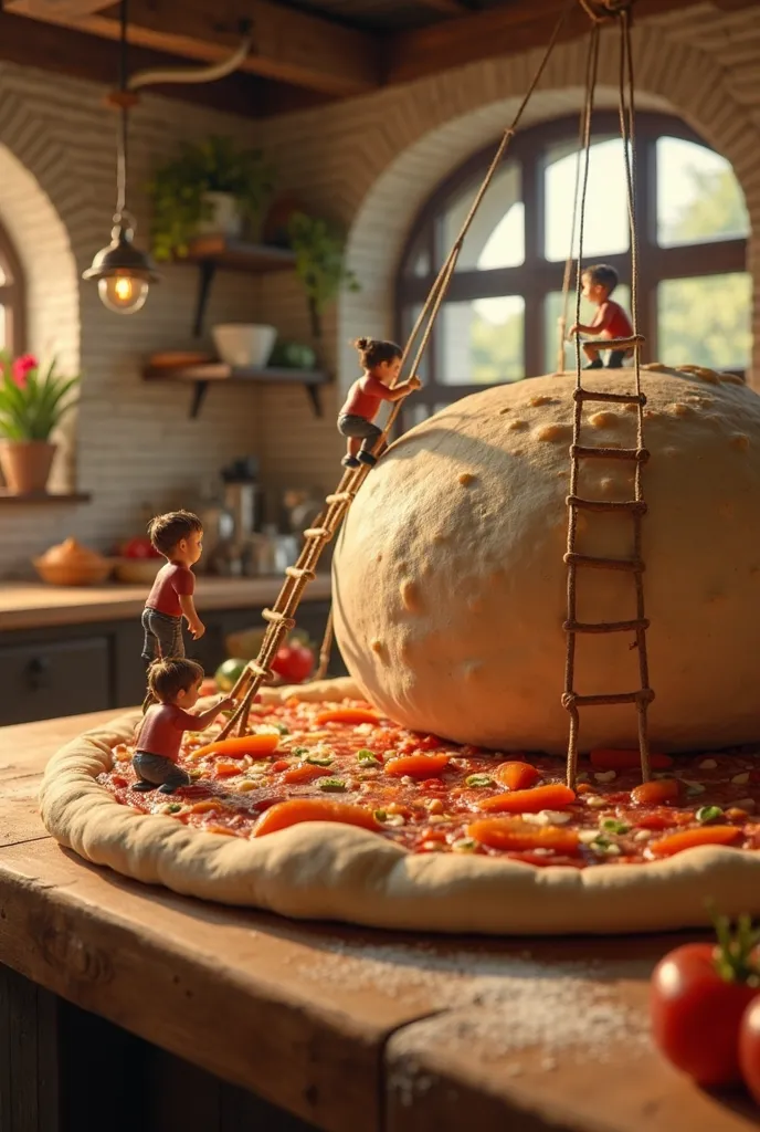 Tiny climbers using ropes and ladders to scale a giant pizza dough inside a cozy pizzeria kitchen. The dough is soft and fluffy, and the scene looks adventurous and fun, with warm lighting from the kitchen."
