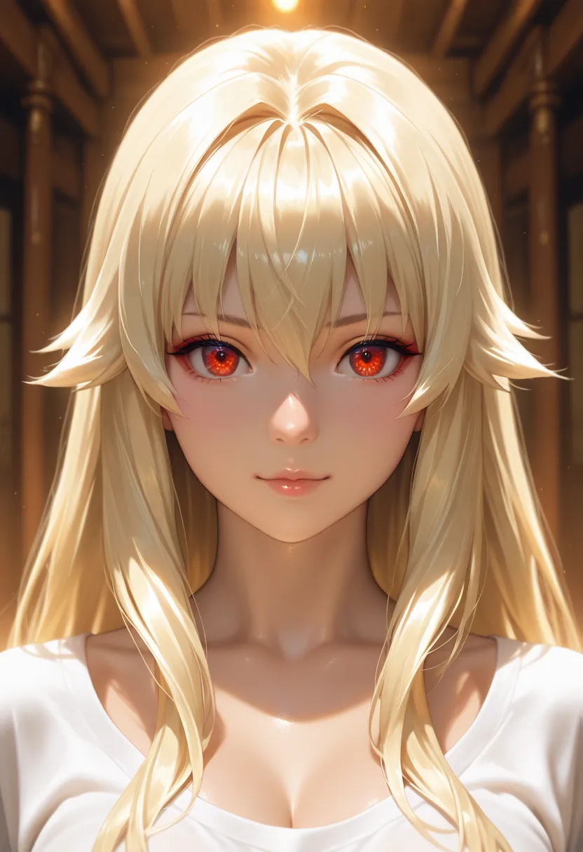 masterpiece, best quality, vibrant, very aesthetic, high contrast, photorealistic portrait,beautiful detailed face,detailed texture,detailed skin, newest, 1girl,Queens Blade,source_Queens Blade,tomoe,shirt,room