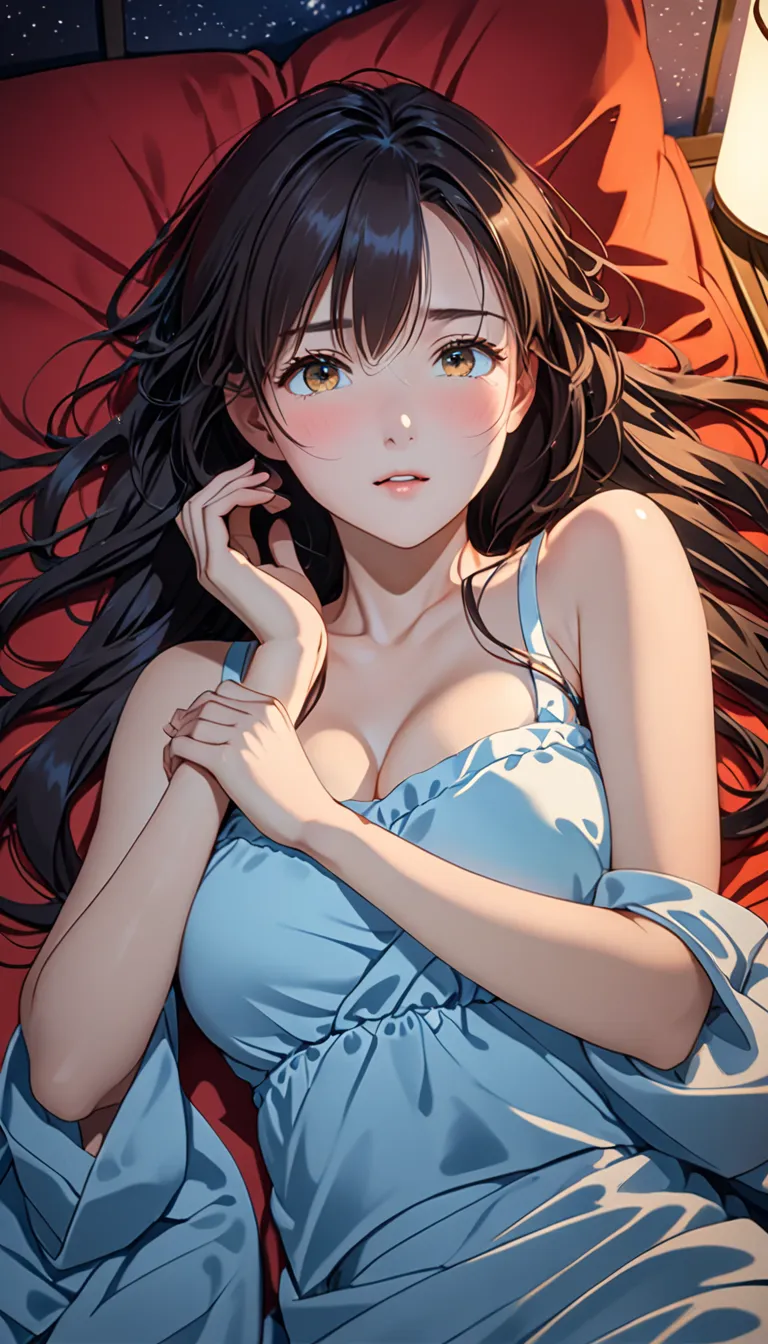 masterpiece, High Resolution, Character,  Kyoto Animation Style , 5 cm per second style, night, mid-night, soft, ( 1girl :1.3), (alone:1.4), long eyelashes, messy hair, medium long hair, [Sofa bed, lying down, ( with our hands ), ((( in heat , Arouse, eage...