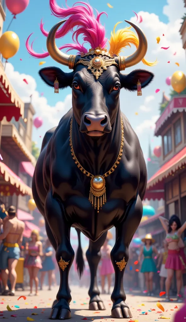 Black Angus cow celebrating carnival