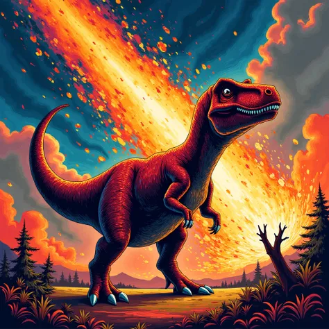 NFT 3D woodcut colorful meteor on fire falling on the flashy Rex dinosaur 