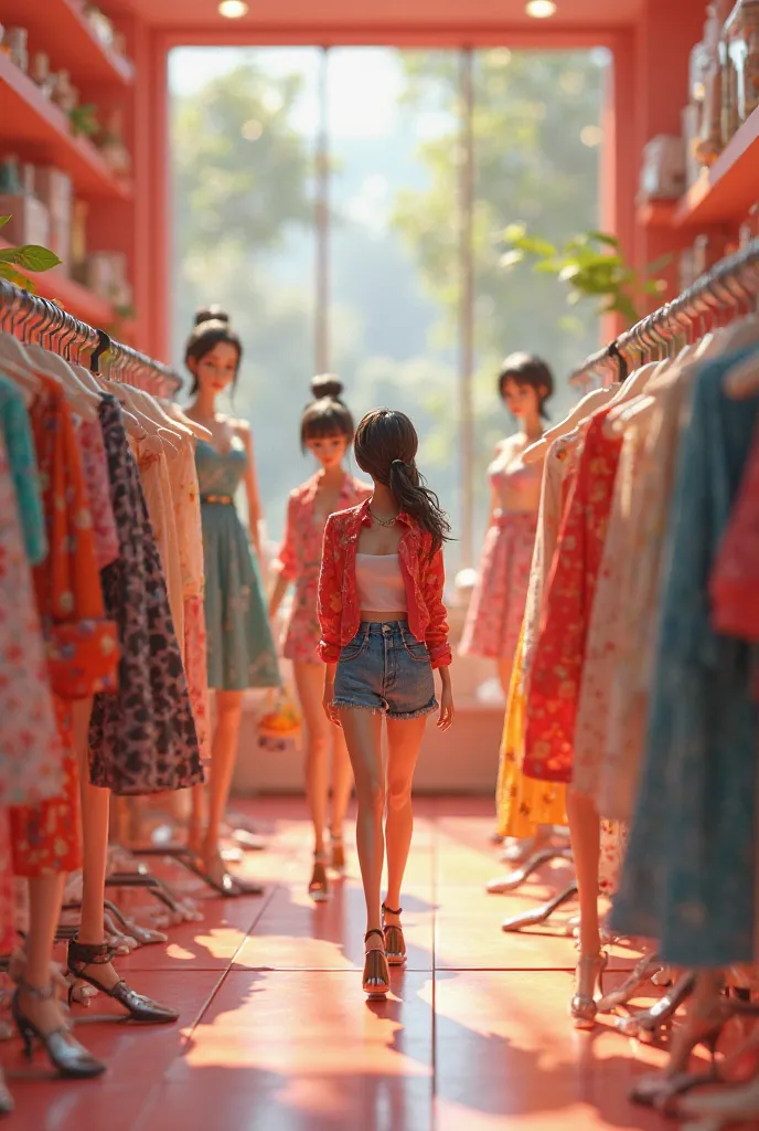 Tiny figures of models showcasing stylish clothes in a small clothing store, colorful and trendy outfits displayed, with mannequins and small accessories around, in a fun and dynamic setting