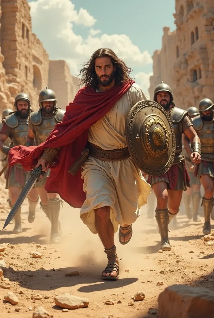 Jesus running from the Romans armed with a shield and sword