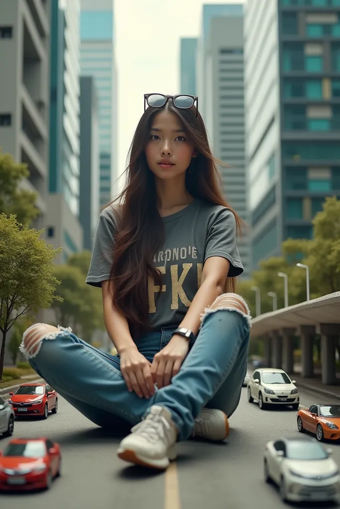 giant Indonesian girl with long hair, sunglasses on her head, wearing a trendy distro t-shirt with EFK written on it, ripped jeans, sneakers, sitting gracefully, in a mini-sized city, mini-sized office buildings, mini-sized vehicles, mini-sized flyovers, p...