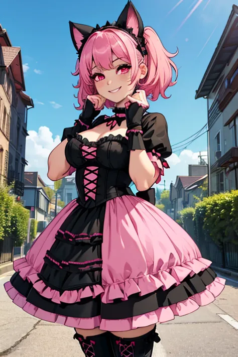 female, short pink and black hair, red eyes, black ears, pink cat tail, (((1girl))), (((pink and black gothic lolita dress))), (black stockings), (pink knee high boots), (black fingerless gloves), cute and sexy, full body, big breasts, long legs, smiling