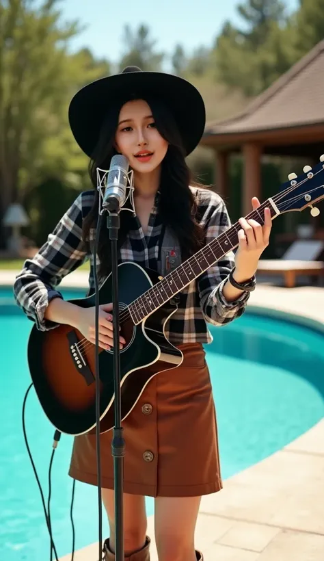 "A charismatic country singer of Chinese descent is captured in a close-up shot (first-person perspective), facing the camera as she performs near a beautiful outdoor swimming pool during daytime. She wears a black and white plaid shirt, a wide-brim black ...