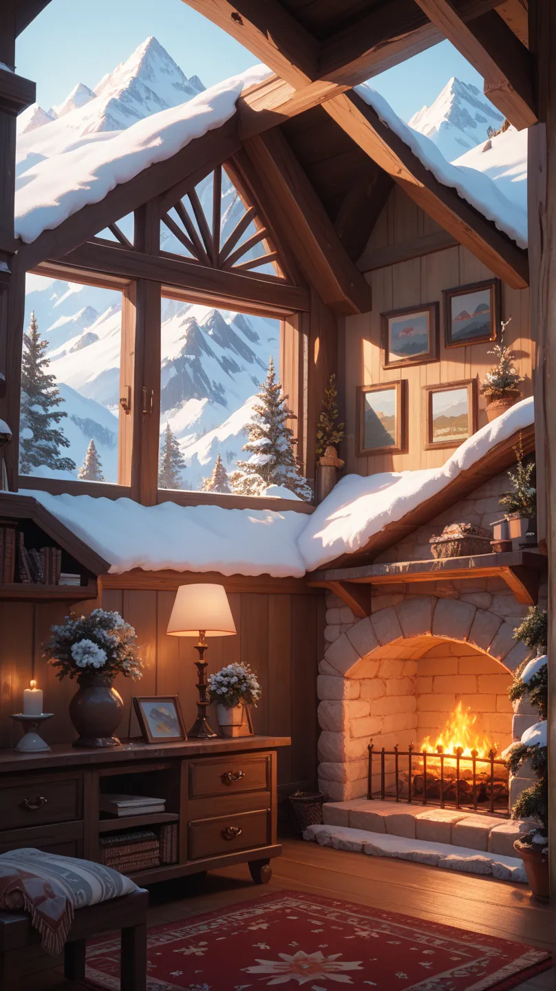 A cozy mountain house surrounded by amazing views,  natural light shines in 、With large windows offering panoramic views of the snow-capped mountains. The interior is decorated with comfortable furniture, A cozy atmosphere with a fire-lit fireplace, Relax ...