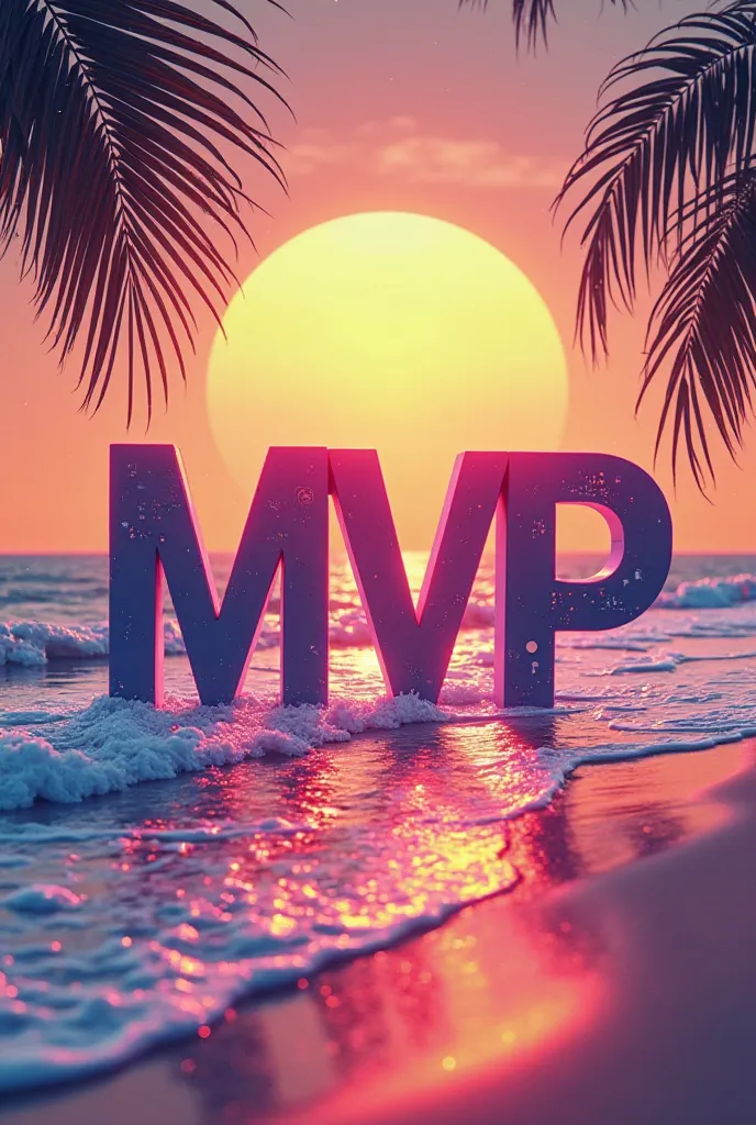 Crée un sticker avec le mot MVP disposées de manière dynamique, dans un style futuriste et vibrant. Utilise des couleurs vives qui se marient bien ensemble, pour évoquer un effet de coucher de soleil. Le fond devrait rappeler l’atmosphère d’une plage ensol...