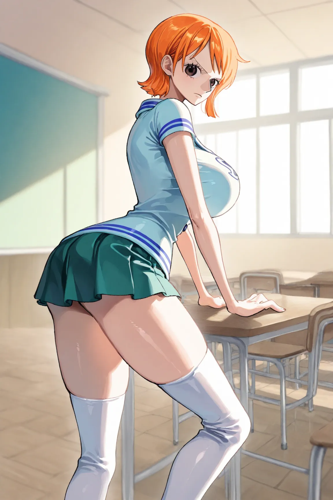  1girl , Hi-Res, detailed eyes, detailed illustration、 masterpiece、8k、us, ONE PIECE, orange hair、Short Hair、large breasts, mini skirt,  thighs、knee-high socks、class room,