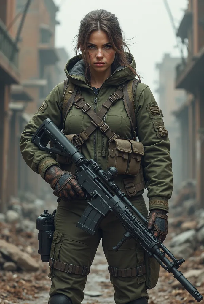 A big strong Russian lady wearing a mercanary outfit with a bullet belt across her body and holding a minigun