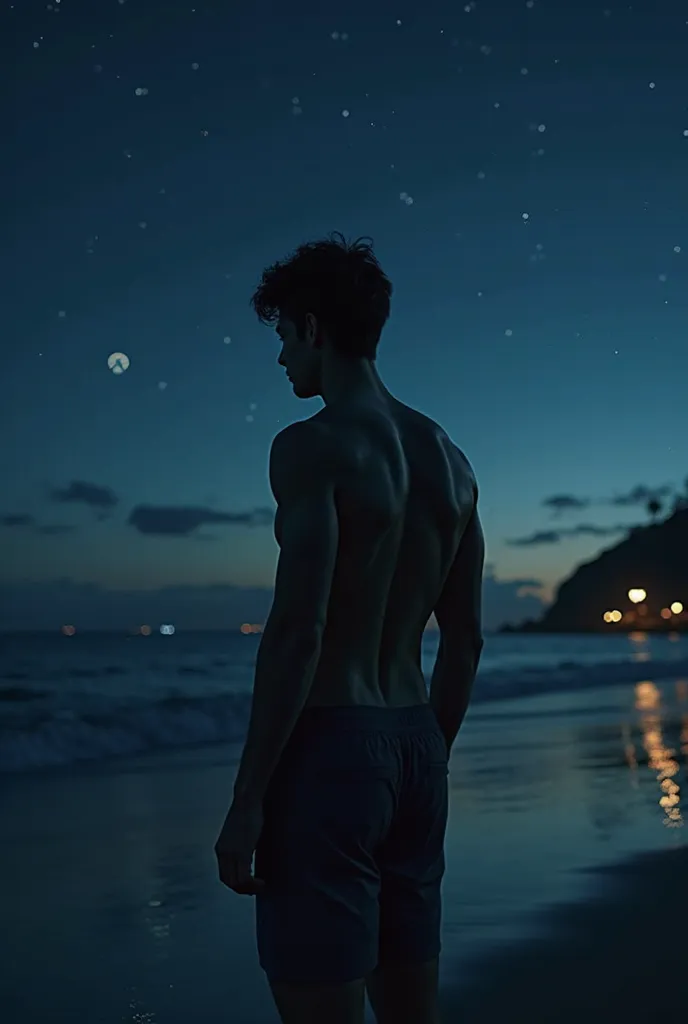 A shirtless 21-year-old man wearing only shorts turns his back to the camera from afar against the background of the beach at night, his body is visible from afar and visible up to the feet. 