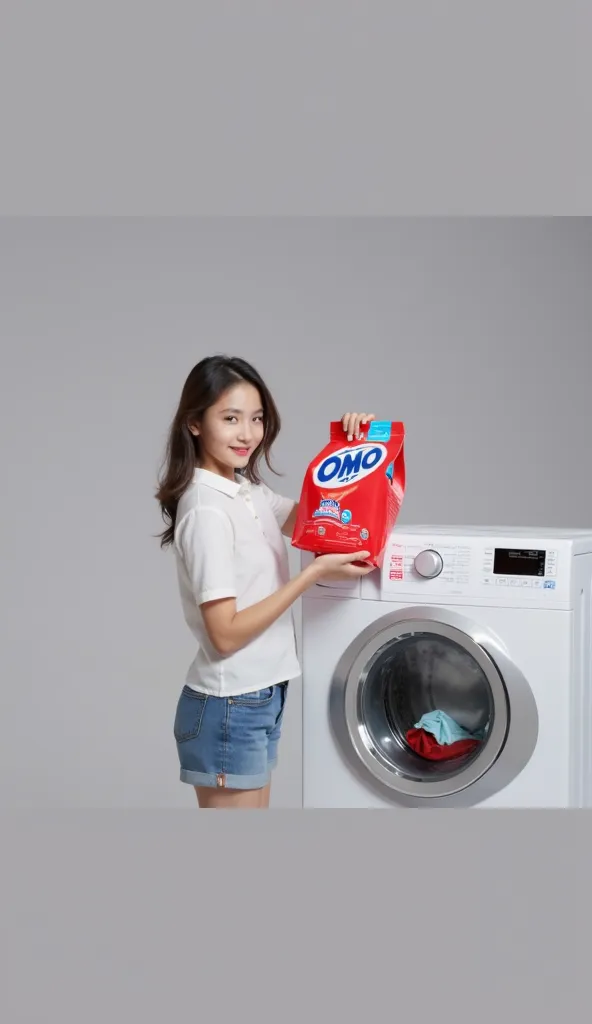 Girl pours washing liquid from red bag into washing machine, fast speed