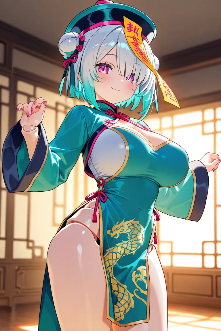 anime style, 1girl, younger female, big breasts, humanoid robot, doll joints, jiangshi, chinese clothes, kuudere, cute, 3d, perfect hands, nsfw, high resolution, high quality, hd