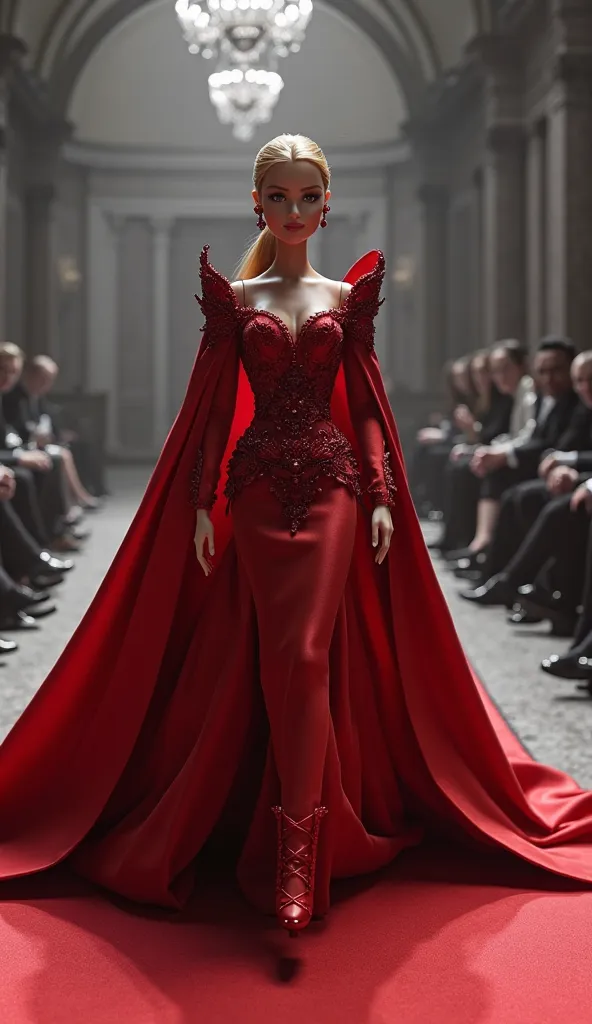 Barbie in a red dress with a cape walking down a stunning fashion runway, dressed in a beautiful red cape, elegant red dress, ornate dark red opulent clothes, fully dressed in red robes, rich red, grayscale photo with red dress, dressed in red velvet, red ...