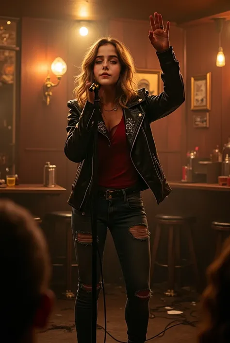 A stunning female rockstar singing passionately into a vintage microphone on stage in an old, dimly lit bar. The atmosphere is intimate, with dark wood paneling and warm golden lights casting soft glows on the worn-out furnishings. The character is wearing...