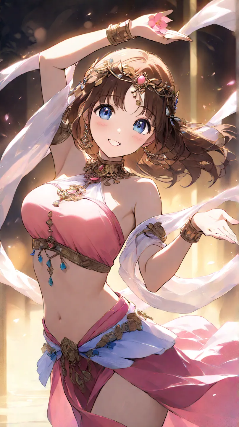 high quality　best image quality　Super Detail　high quality　4k 8k white dancer 　long brown hair　  pink flower hair ornament  　 medium breasts　 　  smile face　Heart Sign