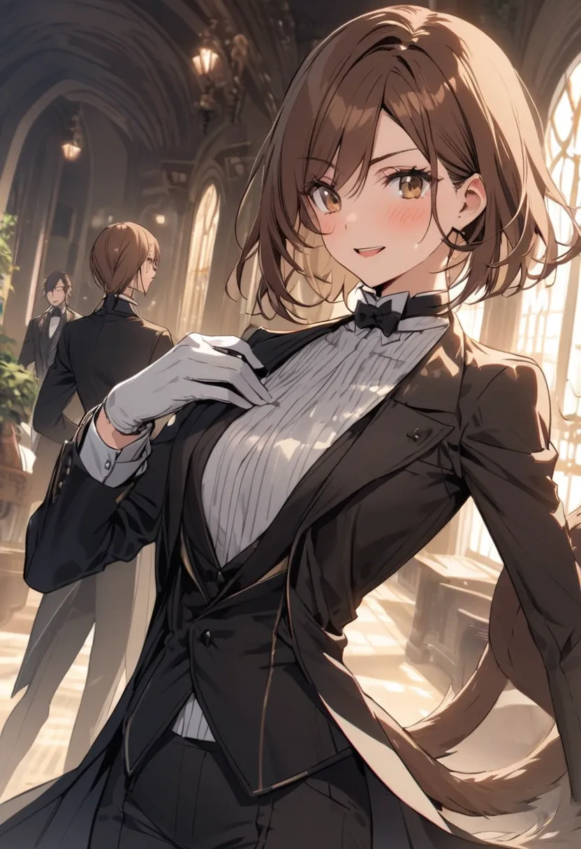 ,  is wearing her white gloves. Female butler, amazing, Tailored tail coat brown hair