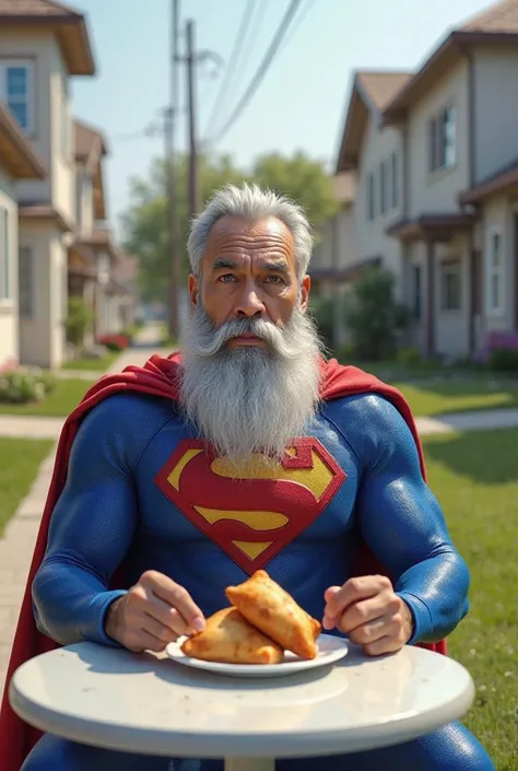 The image appears to be a 3D rendering A senior Asian man, with gray hair and a long, thick white beard, is dressed in a Superman costume. He is seated at a small, white table outdoors, eating a samosa. The costume includes a blue bodysuit with red cape an...