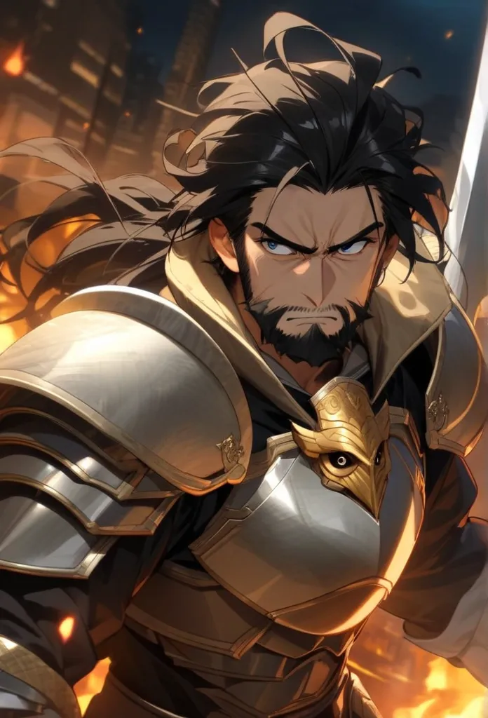 Antenian captain with long messy and black hair, with a bit of beard on his face, wearing silver armor with a coat of a golden owl on the chest of his armor, he carries a silver blade sword, serious expression, in the background a small Greek city on fire ...