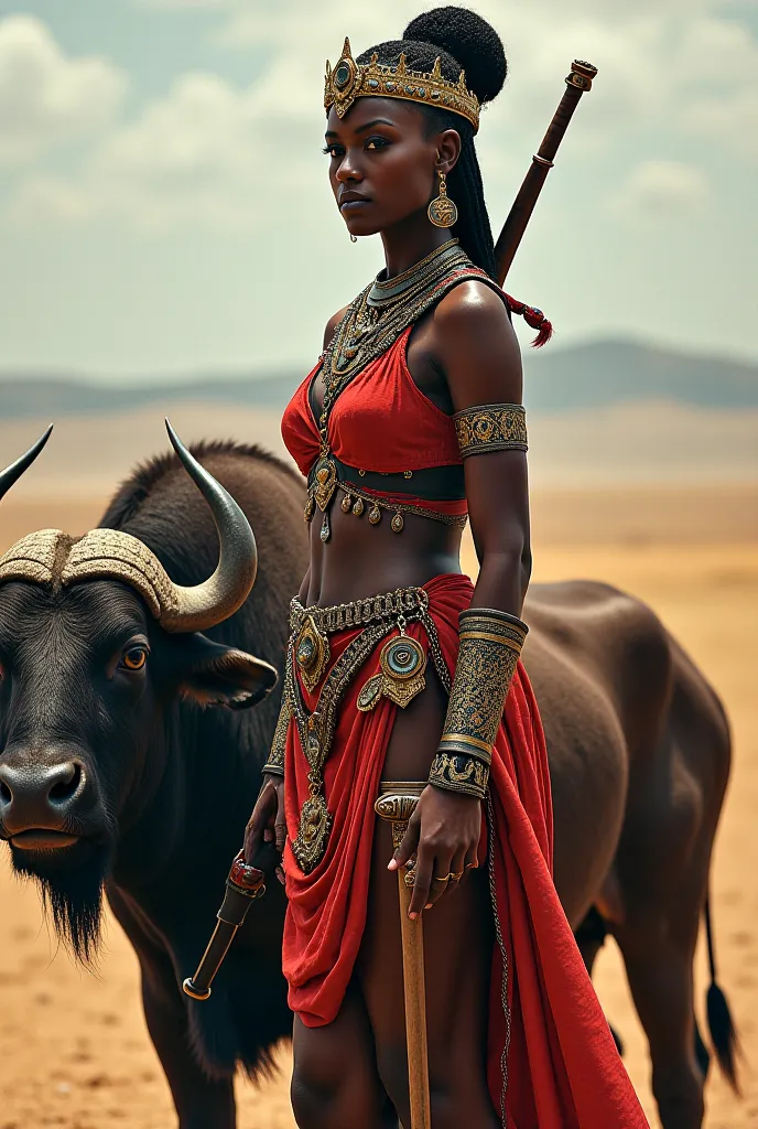 An African warrior with a queen's crown and sword in her hand with a Buffalo standing on her left side