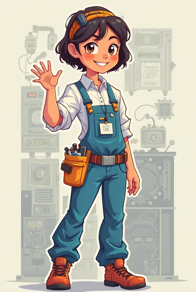 Technician girl standee cartoon with one hand raise 