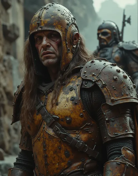 cinematographic photograph using rule of thirds and composition on planes Photo 3 / 4 takes over the entire body , scarred and scary male knight, Arabic man of incomparable ugliness , depraved and gothic, full plate armor made of rusty copper coins...