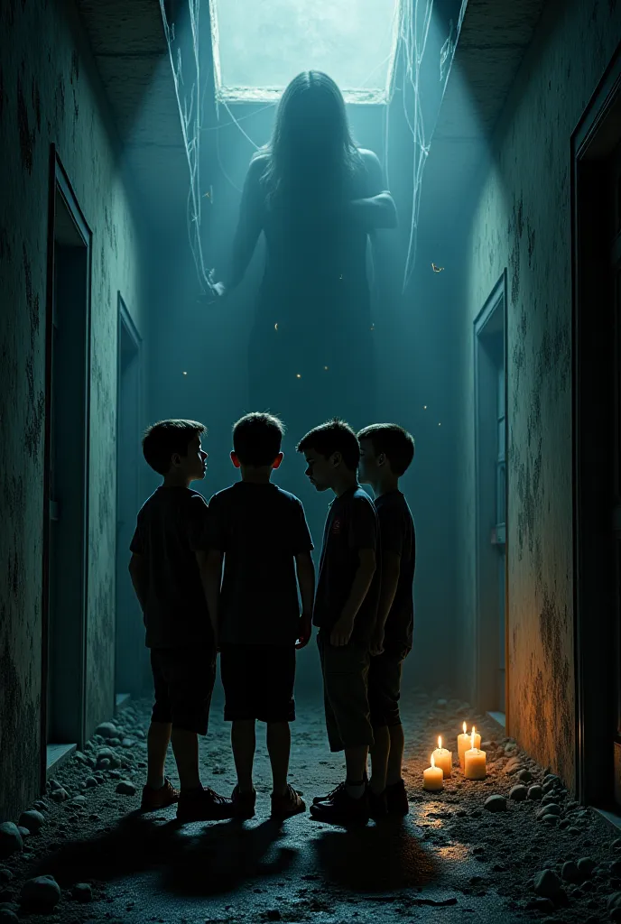 A group of boys standing frozen with fear inside the haunted house. Their expressions show terror as they realize that something unseen is with them.
