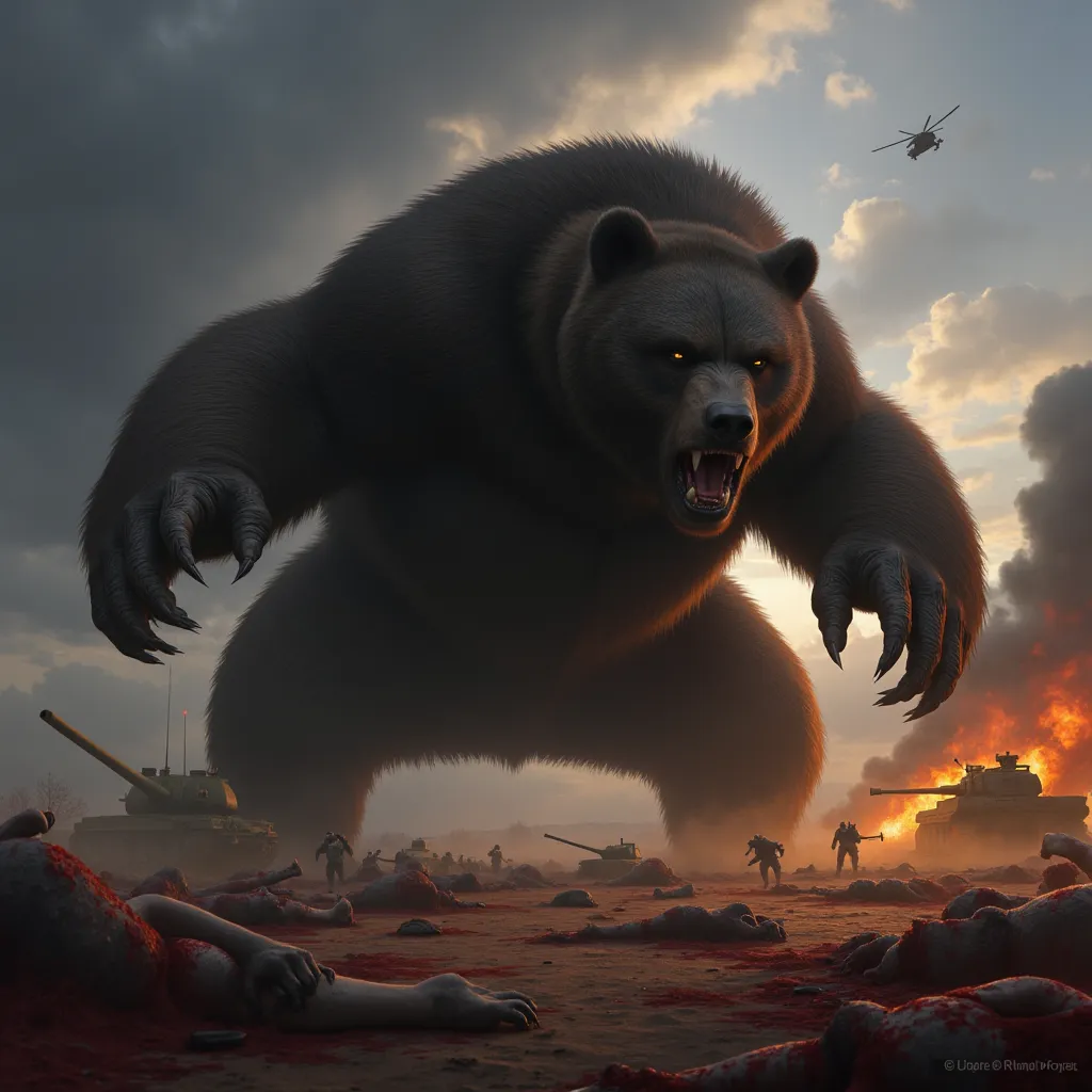 God of Bears, Powerful god, God of War, War Bear. Dark shadow Bear, Giant, sharp claws. Dark Aura, dark energy. Dark clouds in the sky. Dead zombies on the ground. Bloody battlefield. Fire, tanks and war helicopters in the background. Detailed background. ...