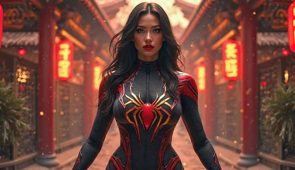 spiderwoman, big boob, wearing china theme spider woman costume, spider logo on the costume, no wearing mask