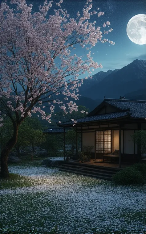 This 4K image realistically captures the exterior of a Japanese-style garden with dancing cherry blossoms in 16:9. However, the interior itself is not captured. Japanese landscape. A Japanese-style detached building can be seen. The full-blooming cherry bl...