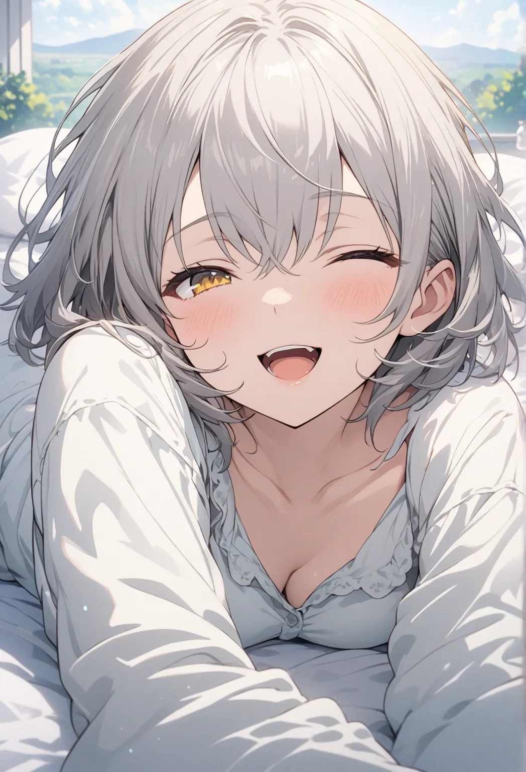 masterpiece, Best Quality, Highly Detailed CG Unity 8k Wallpaper, Anime illustrations for high school students. The pose of lying down and looking at me、Close your eyes、opening your mouth, smile.  The background is a pastel colored landscape, Gray hair col...