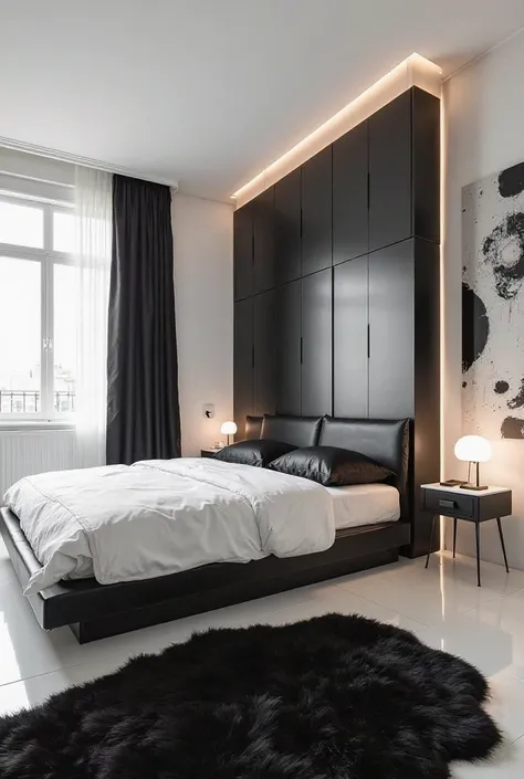 "A sophisticated and minimalist room where black and white dominate the aesthetic. The walls are painted pure white, reflecting the natural light that enters through a large panoramic window with elegant black curtains. The furniture follows the monochrome...