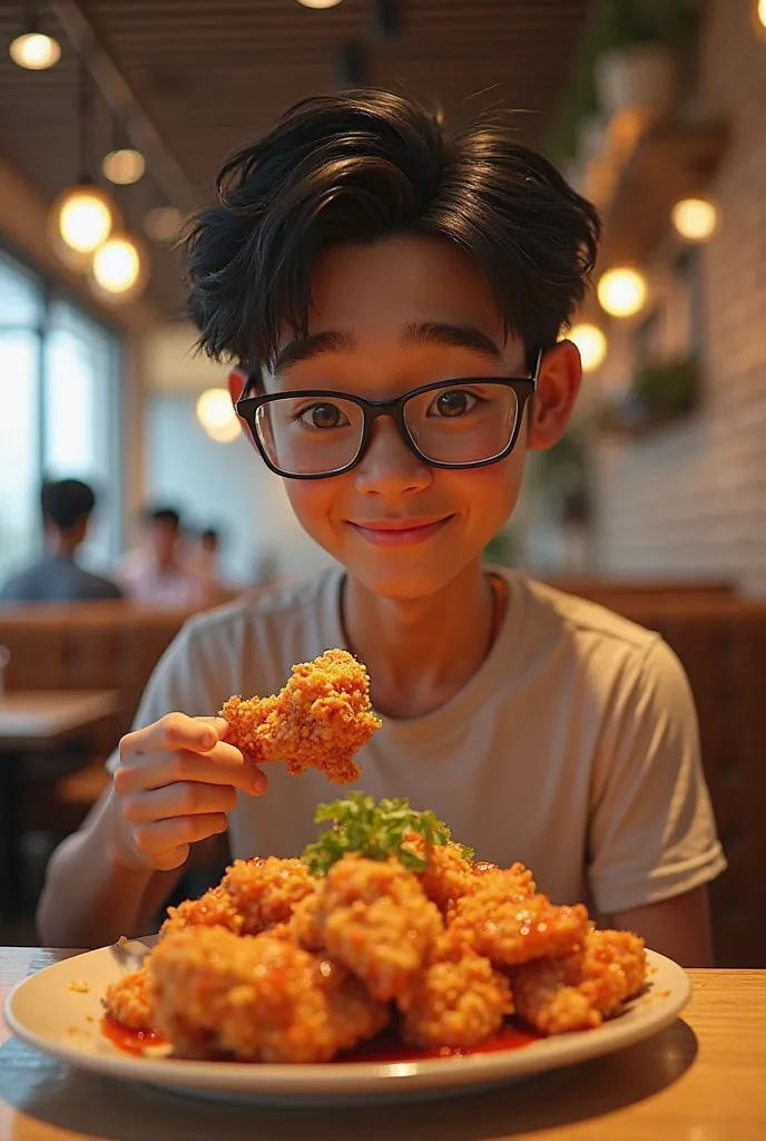 Young man 17ys, nationality thai, tan skin color, skiny,wear glasses, he's Korean chicken's lover