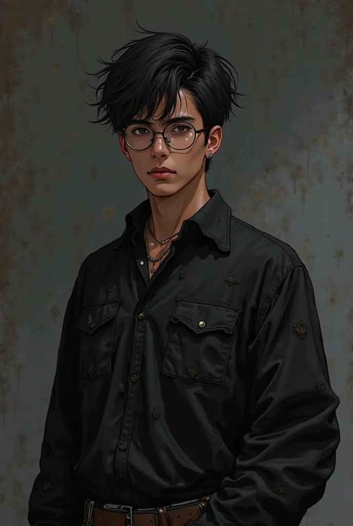 A detailed anime-style illustration of a 20-year-old young man with a dark, gothic aesthetic. He has a short, military-style black haircut (similar to Kevin Hart's) and wears round prescription glasses. His skin tone is a warm brown, and his expression is ...