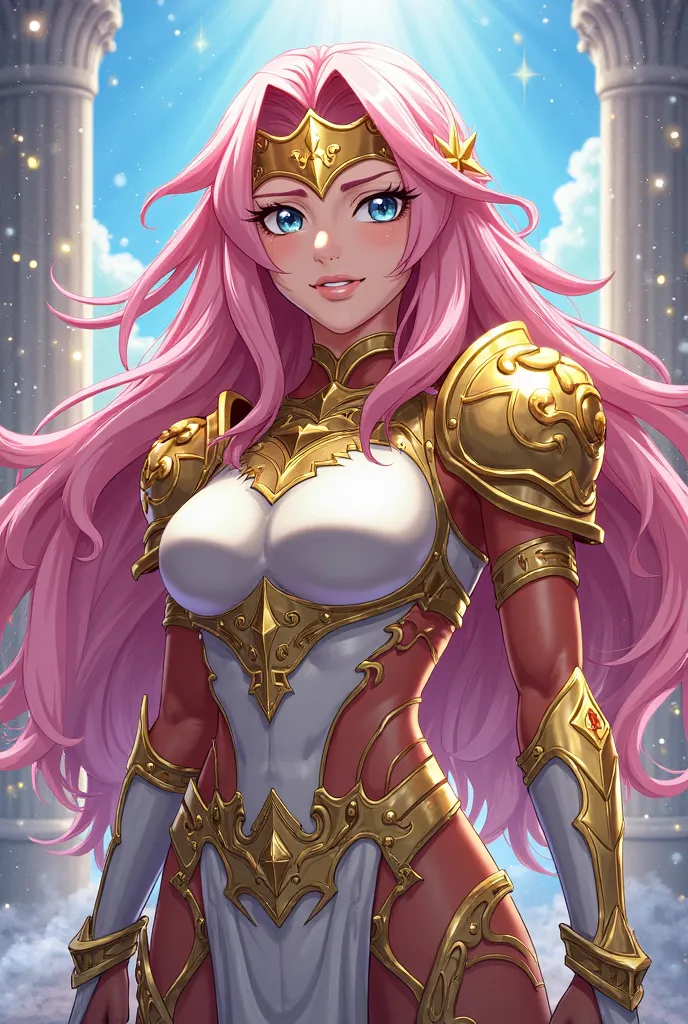 Goddess Athena from the Knights of the Zodiac cartoon, straight, long, pink hair, dressed in her sacred goddess armor with features in the classic cartoon style